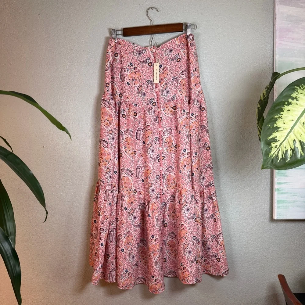Max Studio Floral Pink Blue Paisley Button Front Detail Tiered Boho Maxi Skirt L